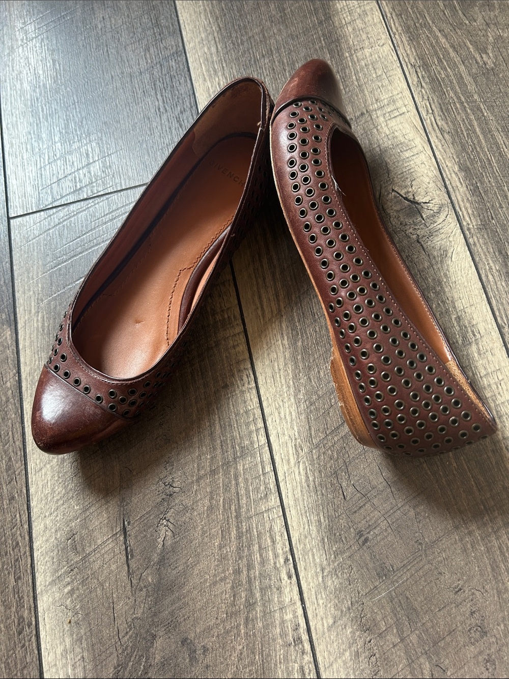 Givenchy Brown Leather Studded Pointed-Toe Flats - Picture 3 of 10